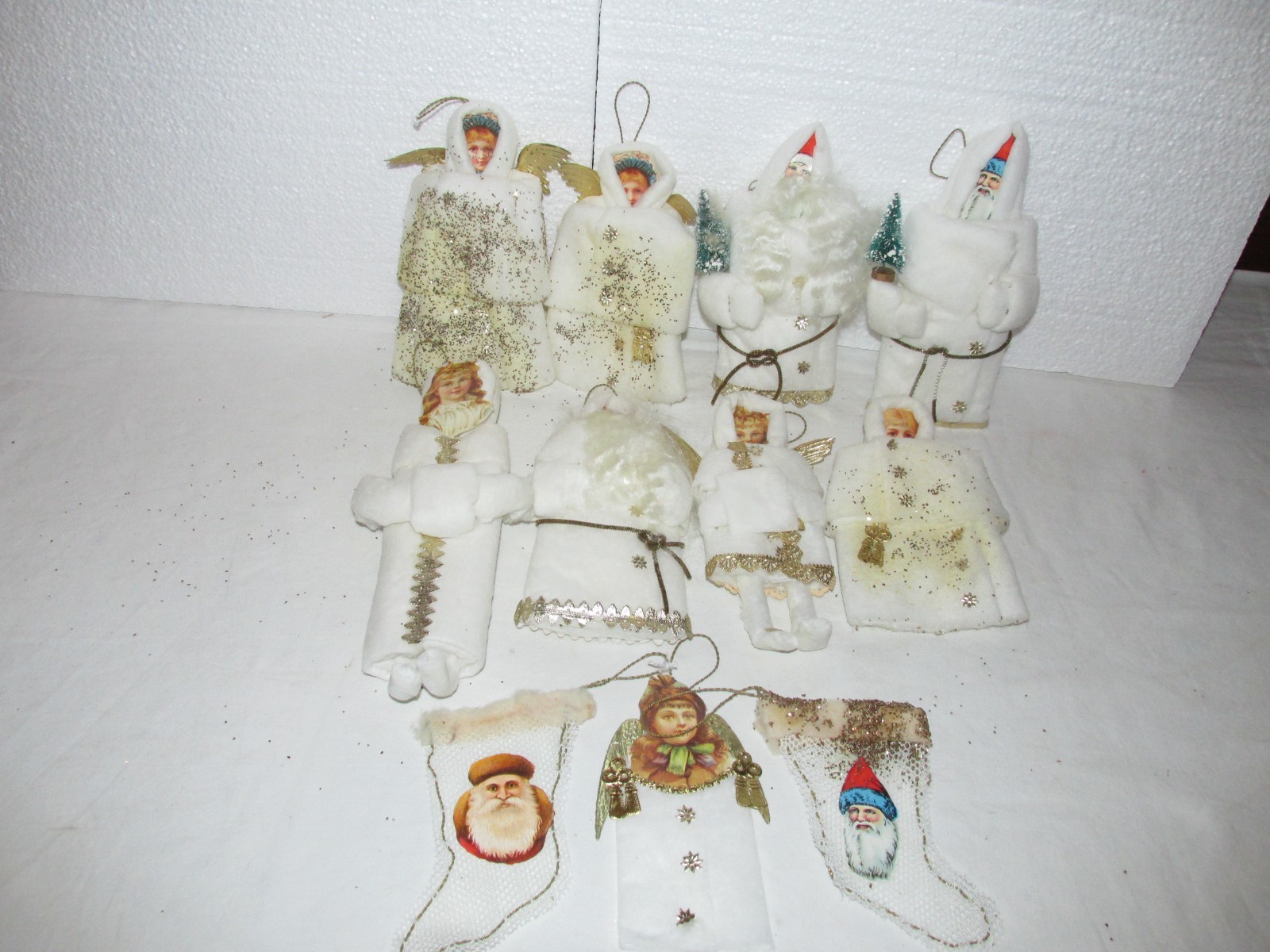 Lot of 11 Vintage White Cotton Batting Victorian Scrap Christmas Ornaments Lot of 11 Vintage White Cotton Batting Victorian Scrap Christmas Ornaments