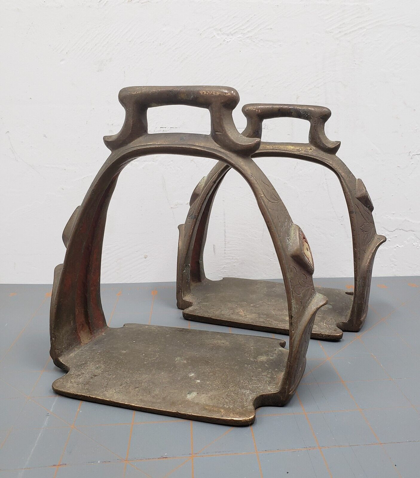 Pair Antique Bronze Engraved Stirrups Mother of Pearl Inlay Remnants Pair Antique Bronze Engraved Stirrups Mother of Pearl Inlay Remnants