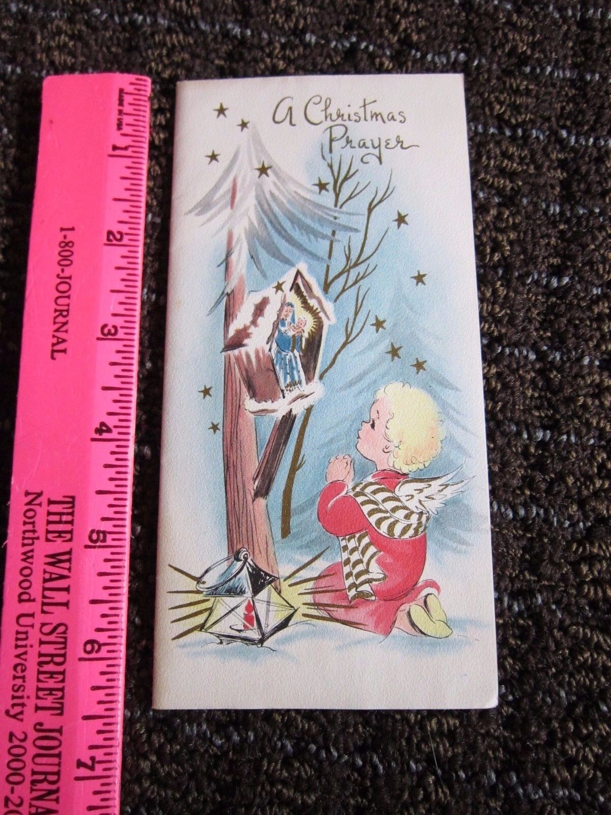 Vintage Christmas Card Angel with Lantern Madonna Jesus Tree Shrine UNUSED