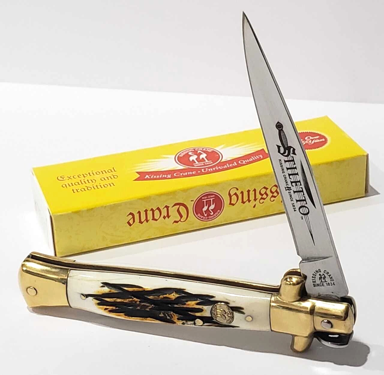 Kissing Crane Burnt Bone Spear Point Stiletto Manual Folding Pocket Knife EDC Kissing Crane Burnt Bone Spear Point Stiletto Manual Folding Pocket Knife EDC