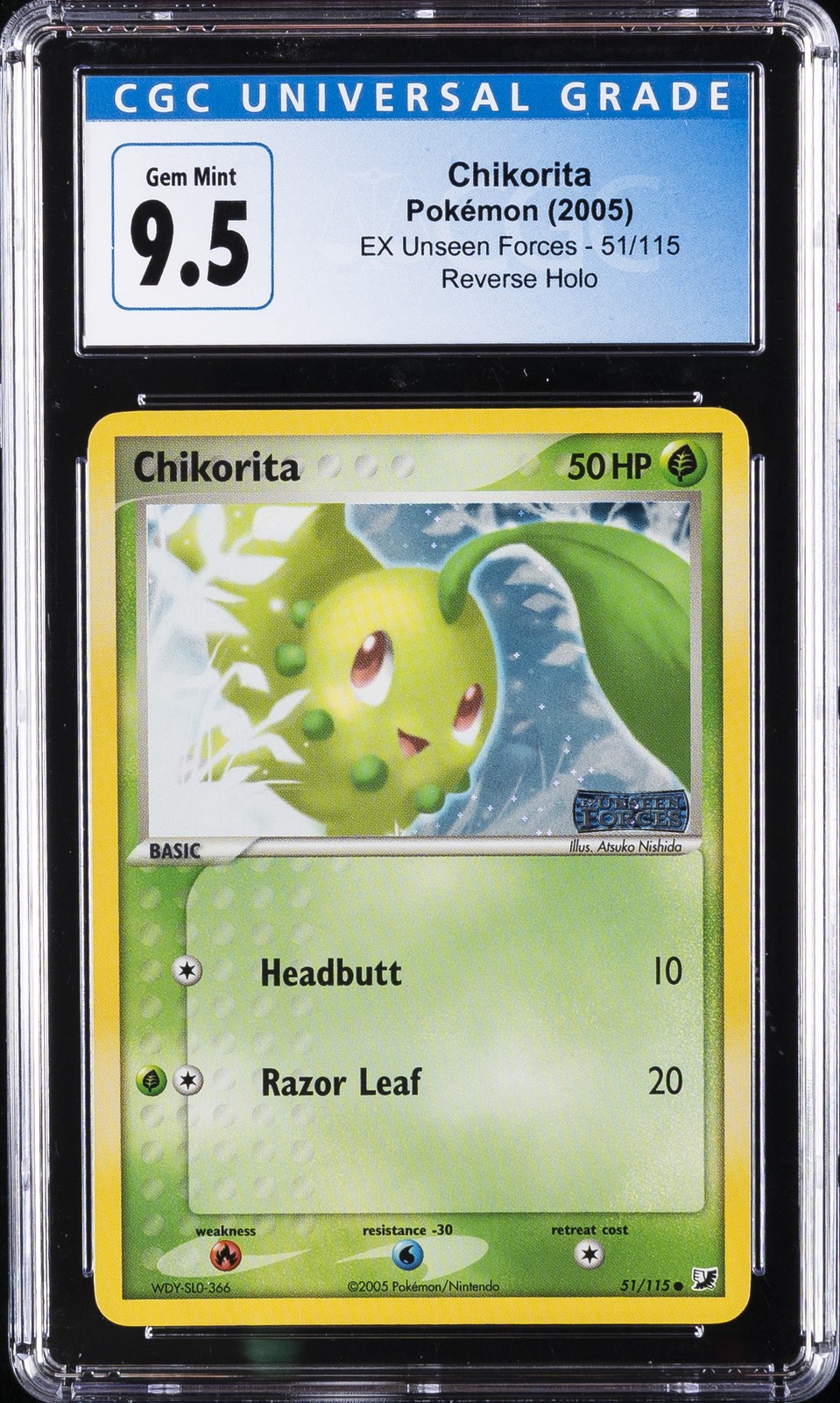 2005 POKÉMON EX UNSEEN FORCES REVERSE HOLO #51 CHIKORITA CGC 9.5 2005 POKÉMON EX UNSEEN FORCES REVERSE HOLO #51 CHIKORITA CGC 9.5