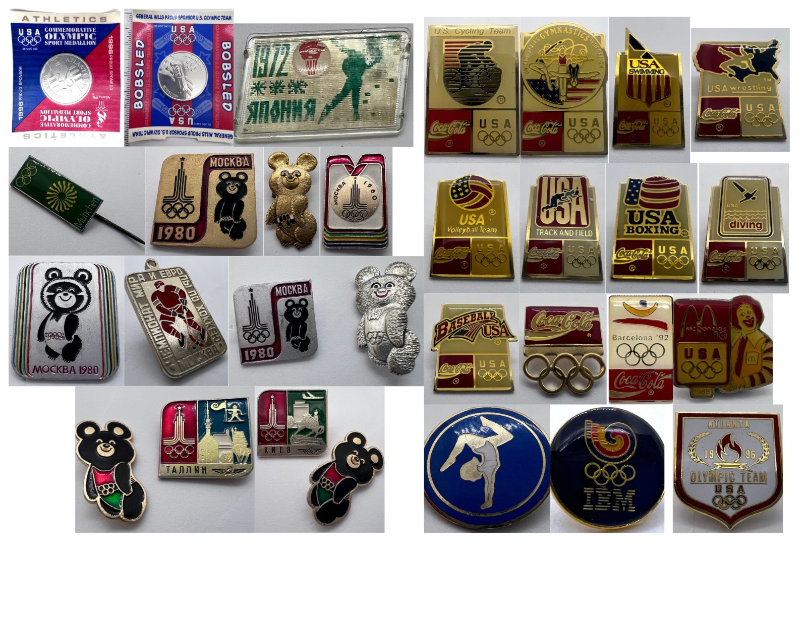 Lot of Vintage Olympic Memorabilia - Pins & Medals - Munich1972 Moscow1980 30pc. Lot of Vintage Olympic Memorabilia - Pins & Medals - Munich1972 Moscow1980 30pc.