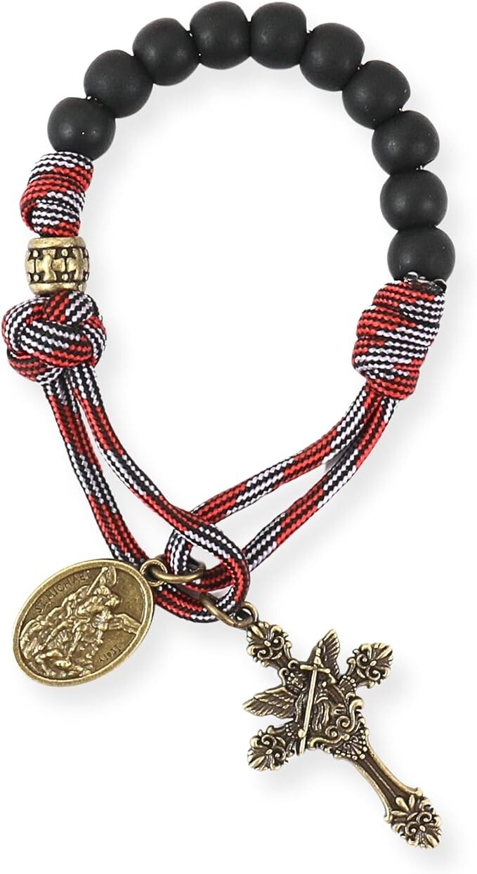 St Michael Antique Bronze One Decade Paracord Rosary Black Beads Pocket Rosary St Michael Antique Bronze One Decade Paracord Rosary Black Beads Pocket Rosary