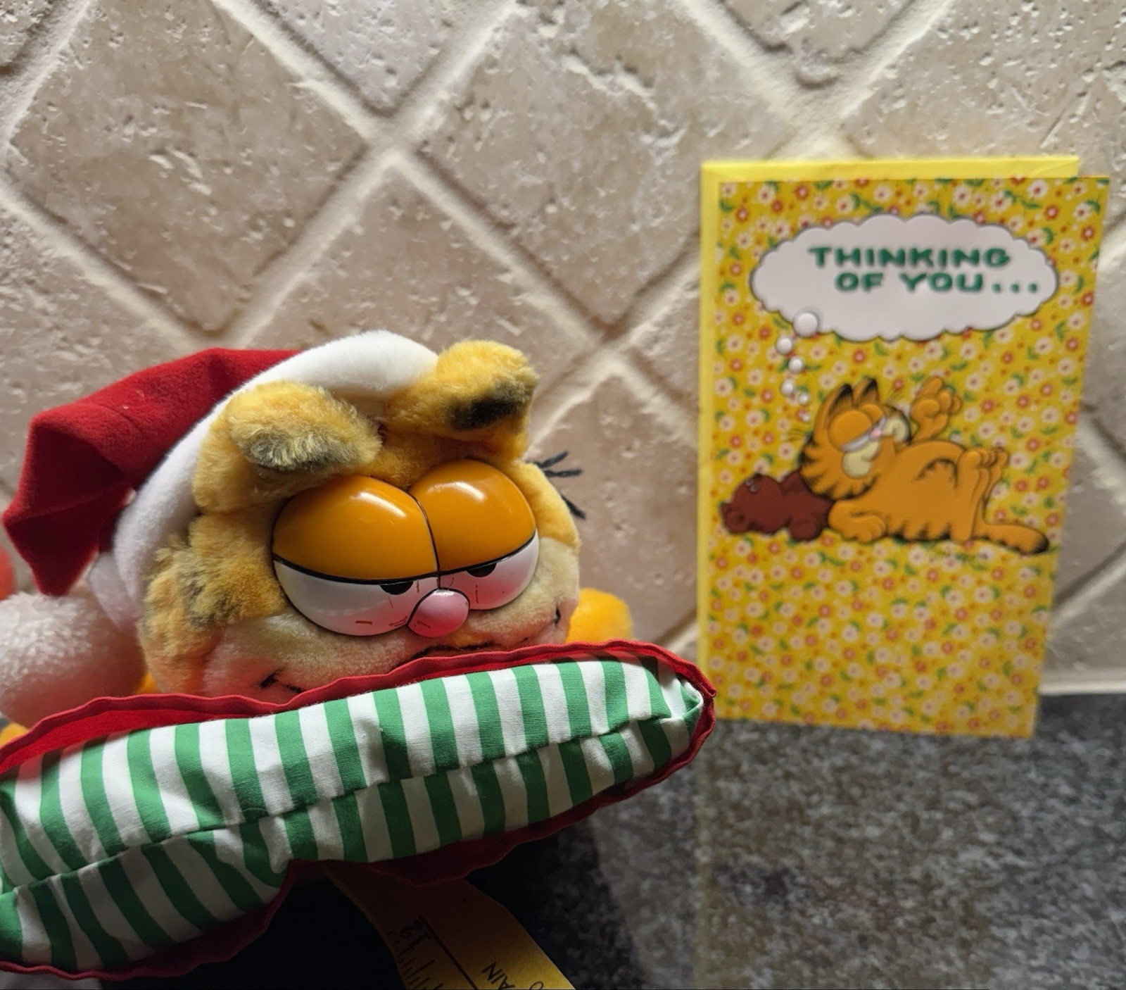 Vintage Garfield Christmas NAP TIME ON PILLOW 11" With 1978 Thinking Of You Card