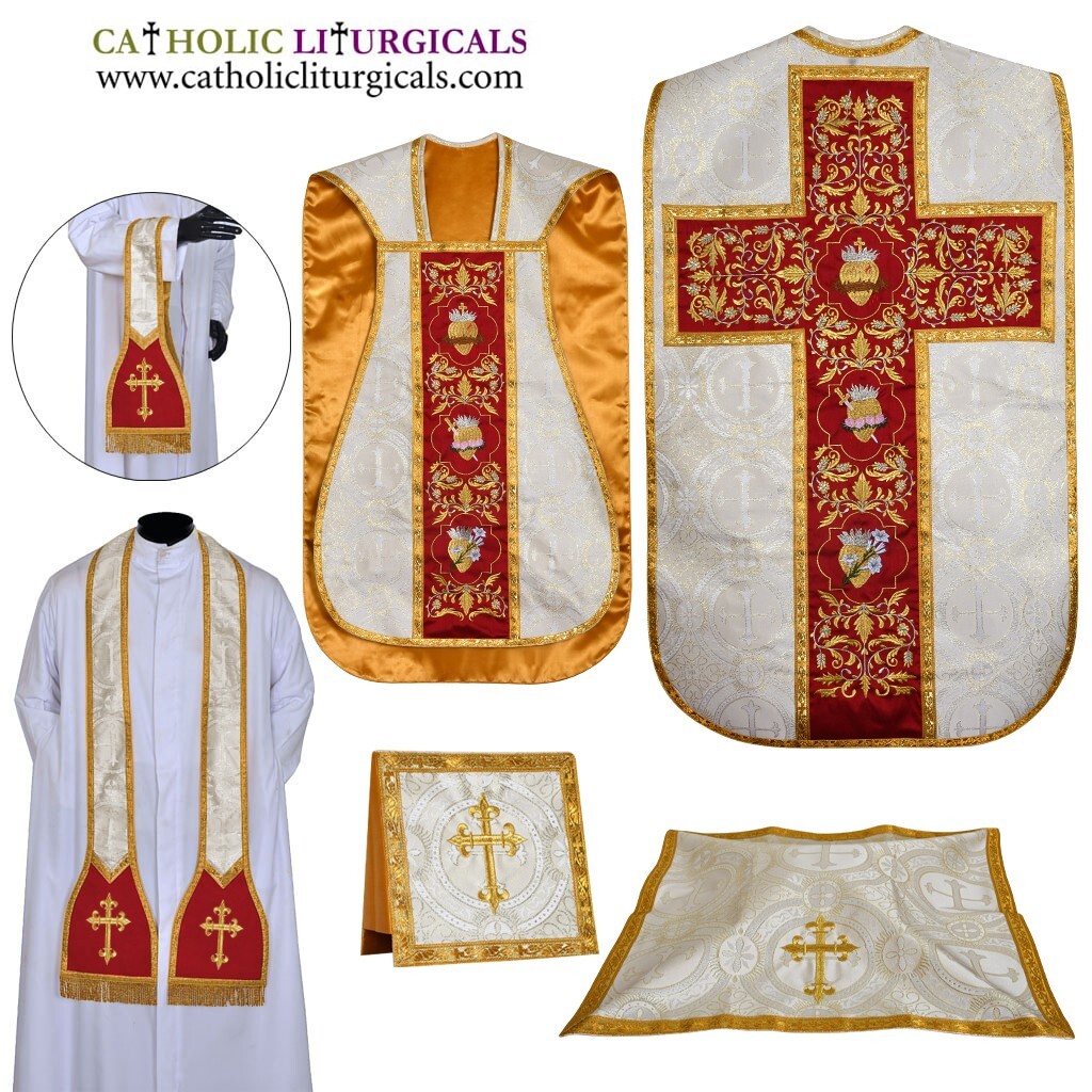 Gold Roman Fiddleback Chasuble & 5 pc mass set with Three Holy Hearts Embroidery Gold Roman Fiddleback Chasuble & 5 pc mass set with Three Holy Hearts Embroidery