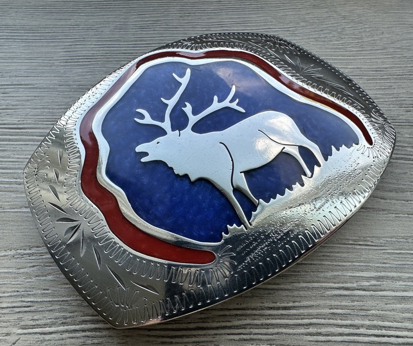 Vintage Johnson & Held 100% Hand Crafted Elk Inlay Belt Buckle–Blue & Red Denver Vintage Johnson & Held 100% Hand Crafted Elk Inlay Belt Buckle–Blue & Red Denver
