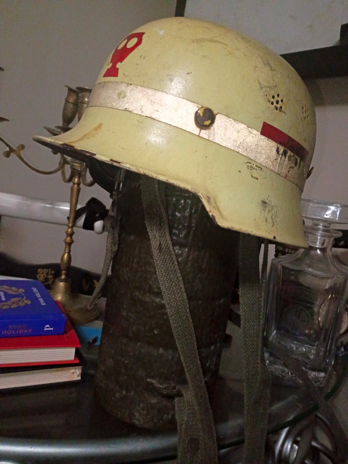 Eschmann German Military Helmet w/ Liner & Chin Strap Cream/White Red Markings