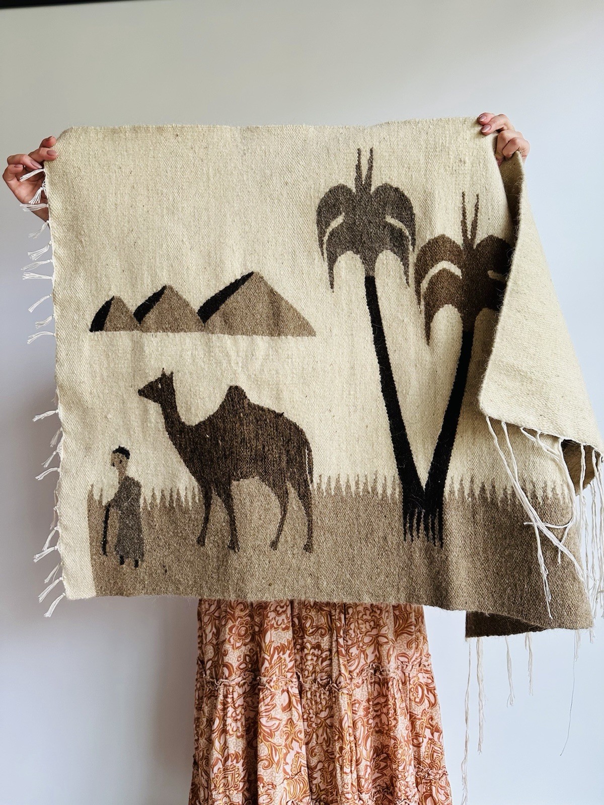 Vintage Handwoven Wool Camel Tapestry Rug Egyptian Desert Wall Hanging 45x29 Vintage Handwoven Wool Camel Tapestry Rug Egyptian Desert Wall Hanging 45x29