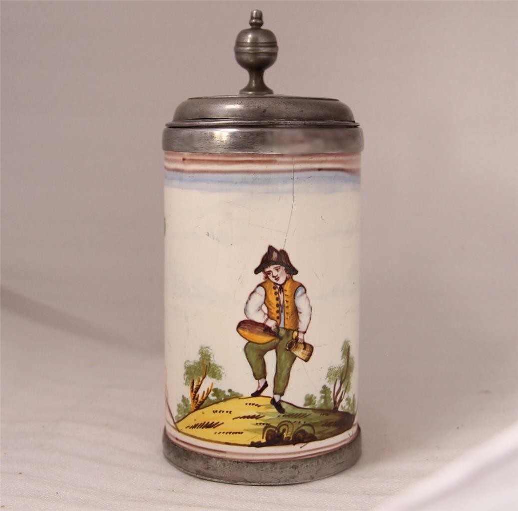 Antique German Faience Beer Stein Magdeburg Guischard Factory Happy Drinker 1790 Antique German Faience Beer Stein Magdeburg Guischard Factory Happy Drinker 1790