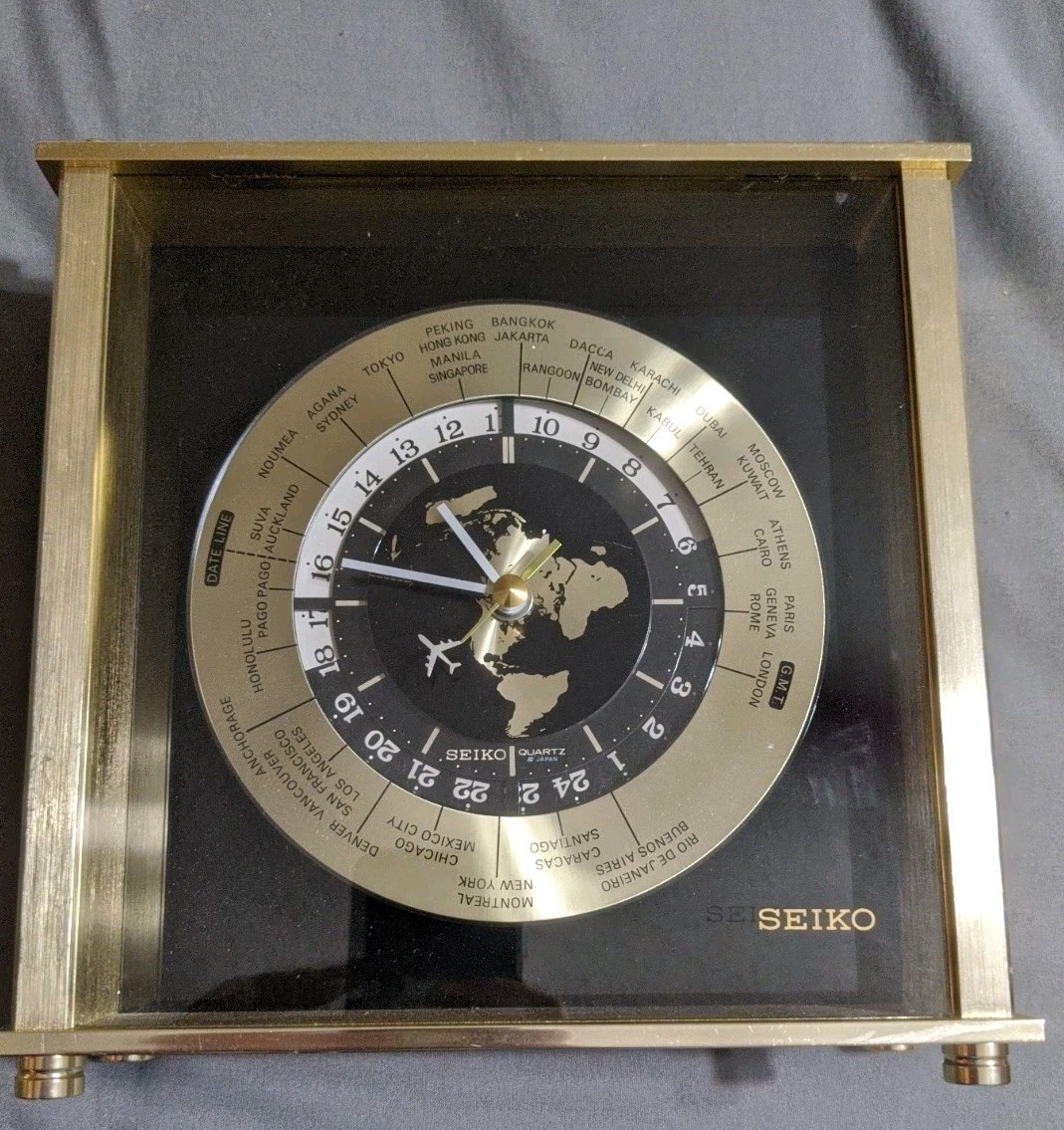 Seiko Bespoke Plane Seconds GMT World Time Desk Mantle Clock QQZ885A Vtg Japan Seiko Bespoke Plane Seconds GMT World Time Desk Mantle Clock QQZ885A Vtg Japan