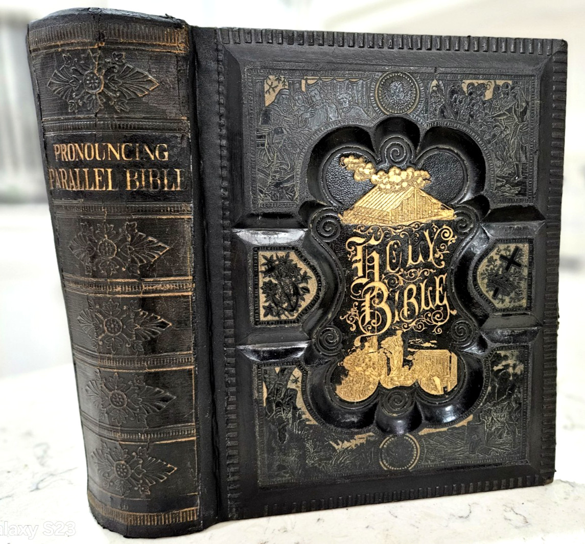 1876 antique bible Pronouncing parallel columns family pictorial 1800s Victorian