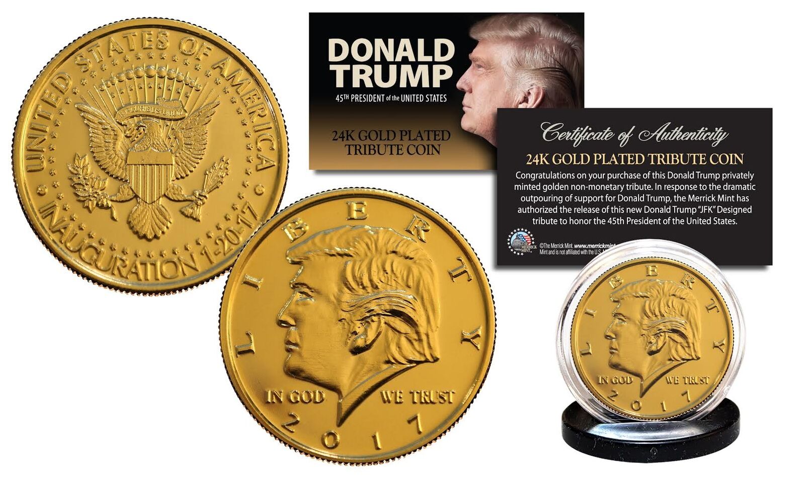 2017 DONALD TRUMP OFFICIAL Presidential 24K Gold Plated Tribute Coin with COA
