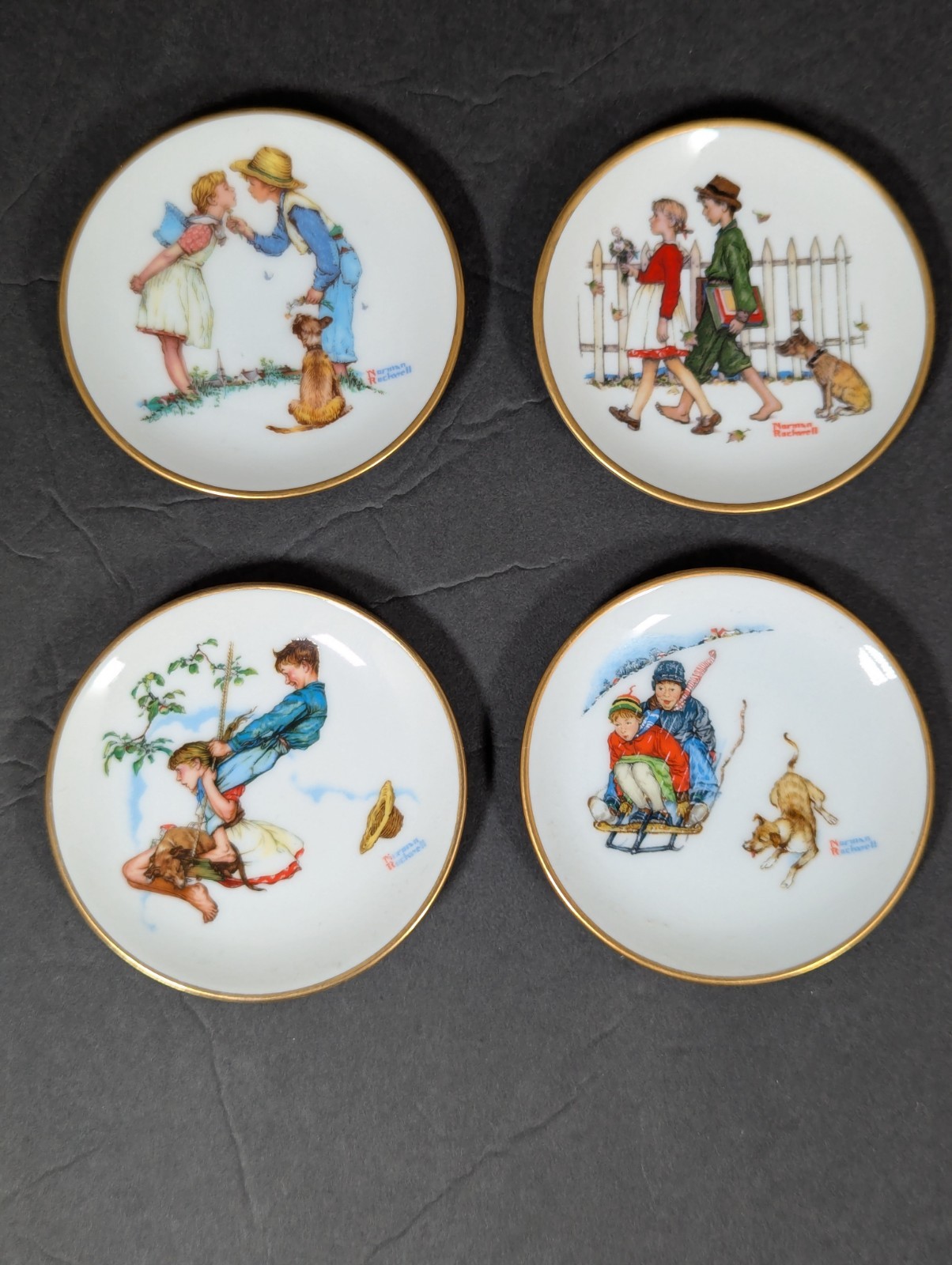 Vtg Set of (4) Gorham Norman Rockwell Four Seasons Series 1949 Mini Plates Vtg Set of (4) Gorham Norman Rockwell Four Seasons Series 1949 Mini Plates