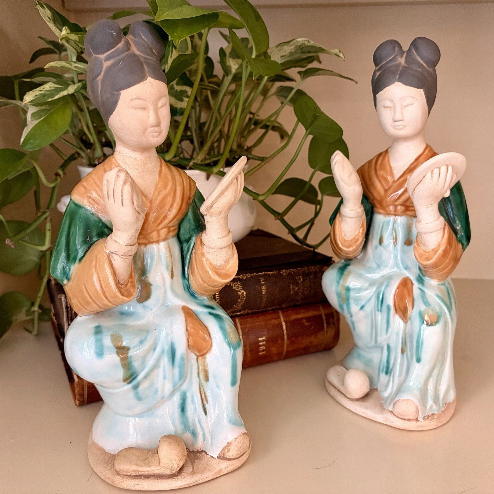 Vintage Chinese Tang Sancai Pottery Court Lady Musician Figurines Pair 10.25” Vintage Chinese Tang Sancai Pottery Court Lady Musician Figurines Pair 10.25”