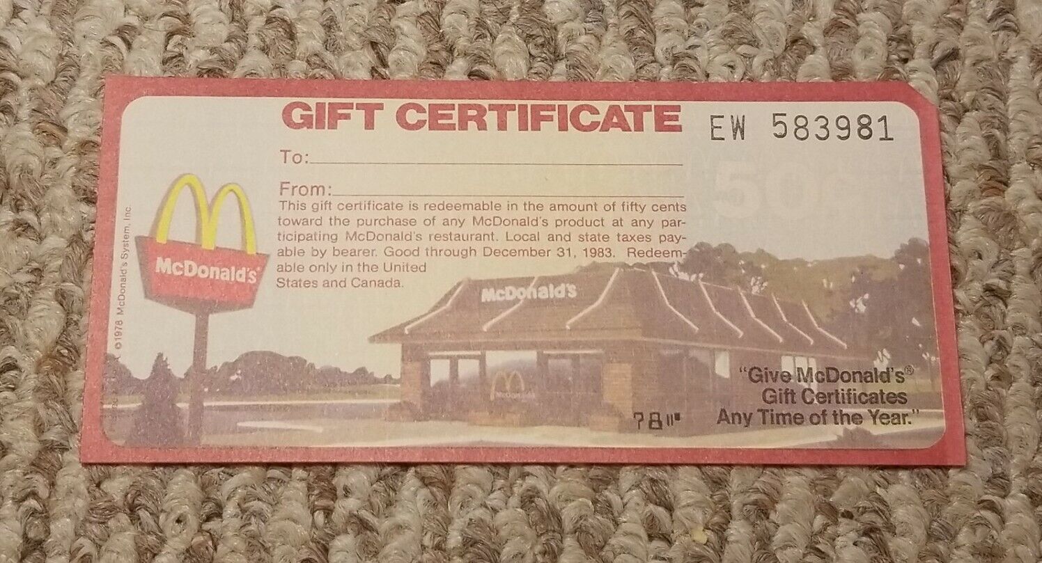 Vintage NEW UNUSED 1978/79 Mcdonalds Holiday Xmas 50 Cent Gift Certificate