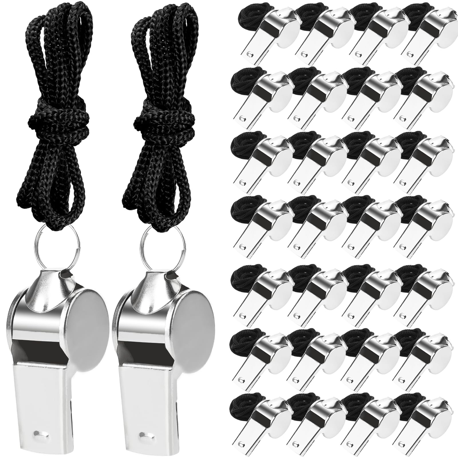 Agolctry 100 Pcs Stainless Steel Whistle with Lanyard, Sports Black Lanyard Agolctry 100 Pcs Stainless Steel Whistle with Lanyard, Sports Black Lanyard