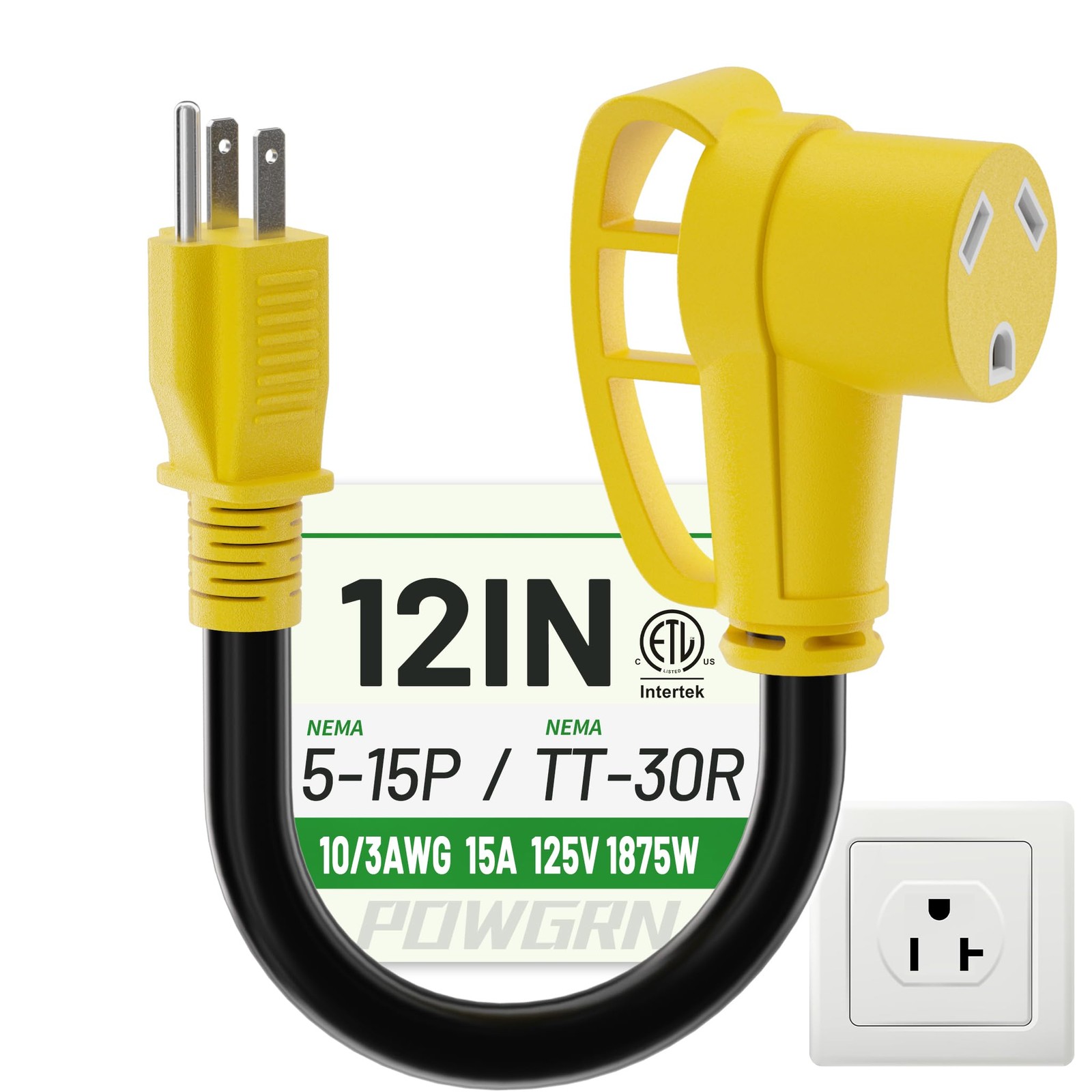 POWGRN RV 30 Amp to 110 Adapter Cord 12 inch Yellow, STW 15A 125V 1875W POWGRN RV 30 Amp to 110 Adapter Cord 12 inch Yellow, STW 15A 125V 1875W