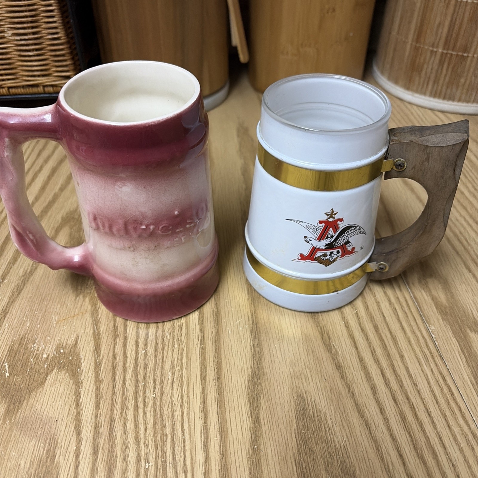 2) Vintage white Pink Ceramic Budweiser Beer Mug Stein Twisted Vine Handle