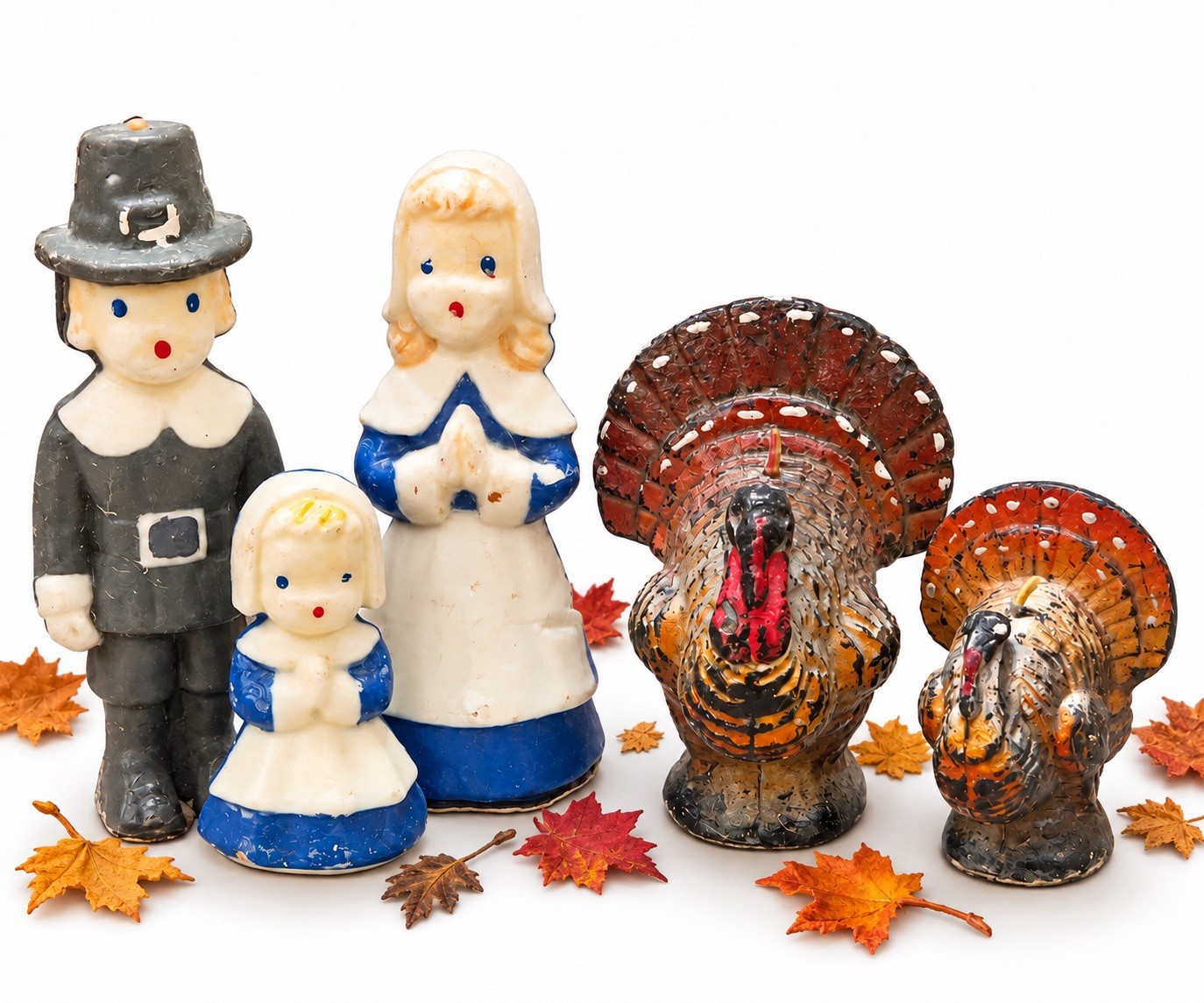 Vintage Gurley Wax Candle Lot Pilgrim Family & Thanksgiving Turkeys With Tags Vintage Gurley Wax Candle Lot Pilgrim Family & Thanksgiving Turkeys With Tags