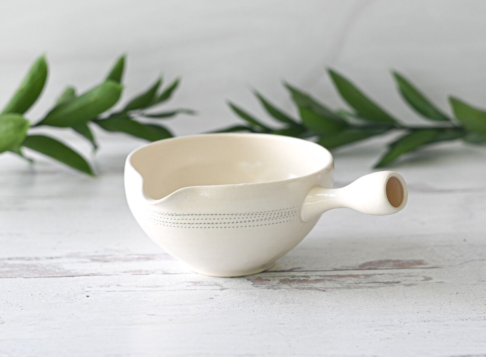 Handmade Ceramic Striped White Matcha Bowl with Spout and Handle