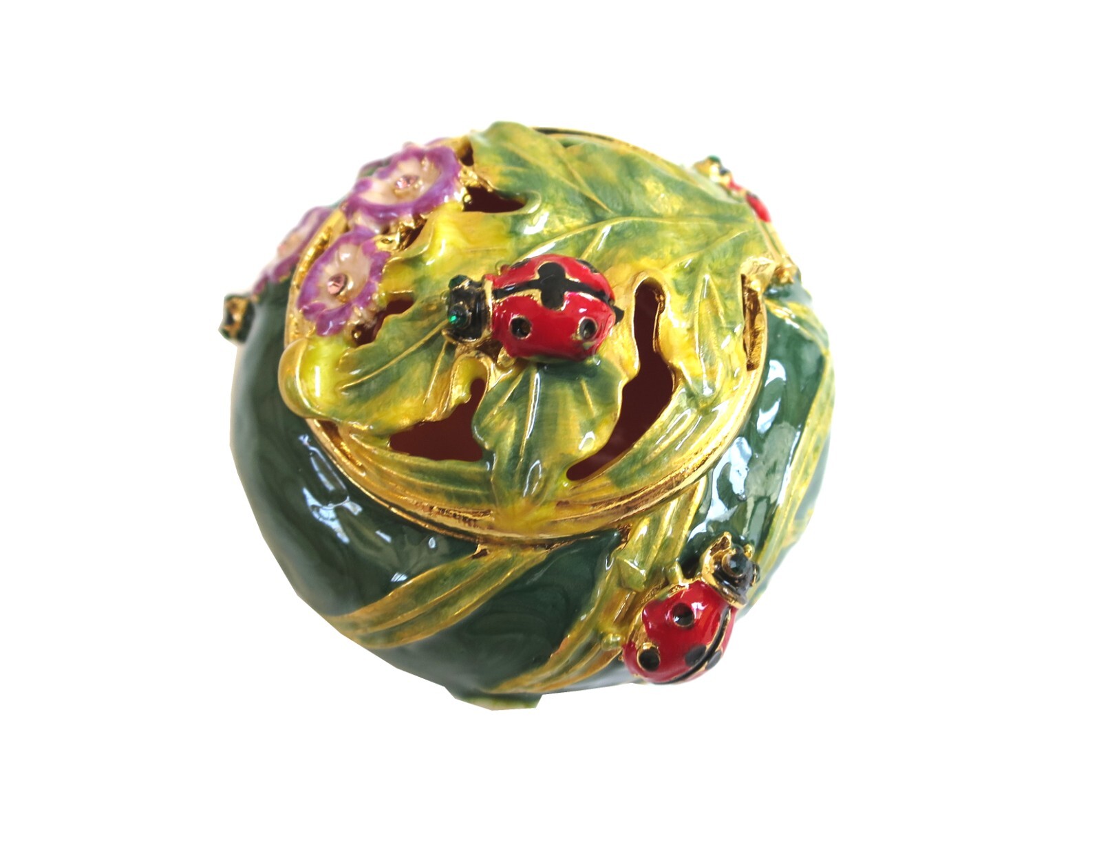 Bejeweled ladybug on leaf Hinged Metal Enameled Crystal Trinket box