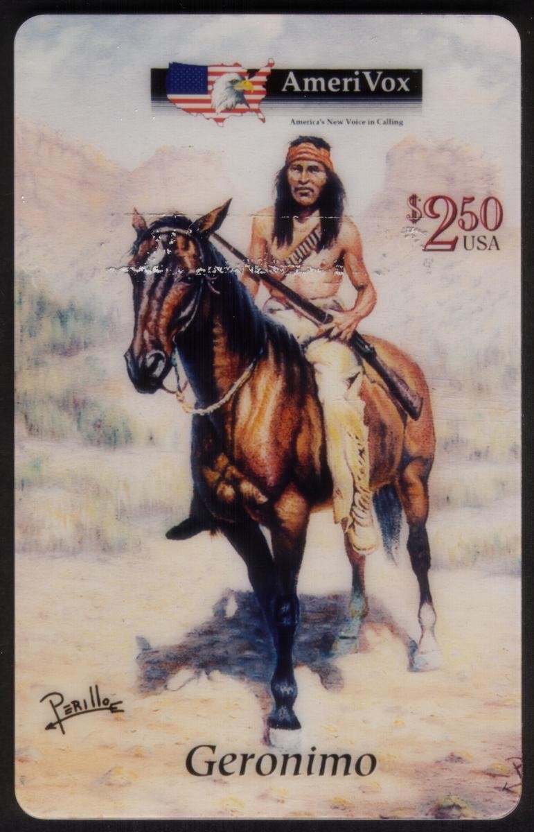 $2.50 Geronimo Riding A Horse: Native American Artwork by Perillo Phone Card $2.50 Geronimo Riding A Horse: Native American Artwork by Perillo Phone Card