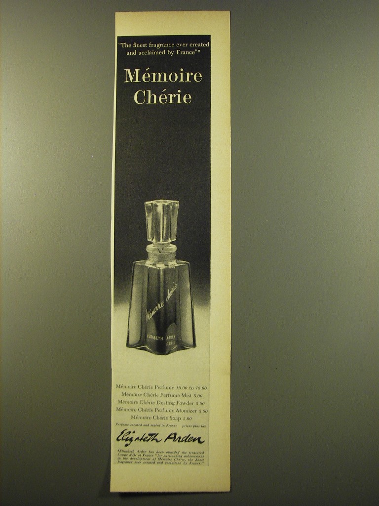 1961 Elizabeth Arden Memoire Cherie Perfume Advertisement - The finest fragrance