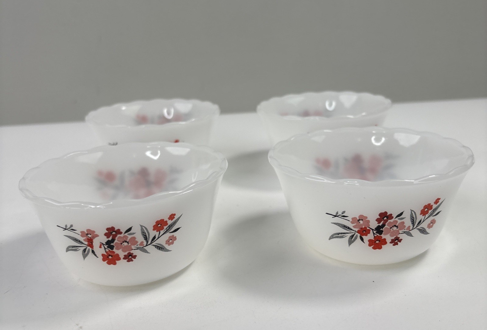 Vintage Floral Fire King Primrose Custard Cups Set Of 4 - 6 Oz Milk Glass Vintage Floral Fire King Primrose Custard Cups Set Of 4 - 6 Oz Milk Glass