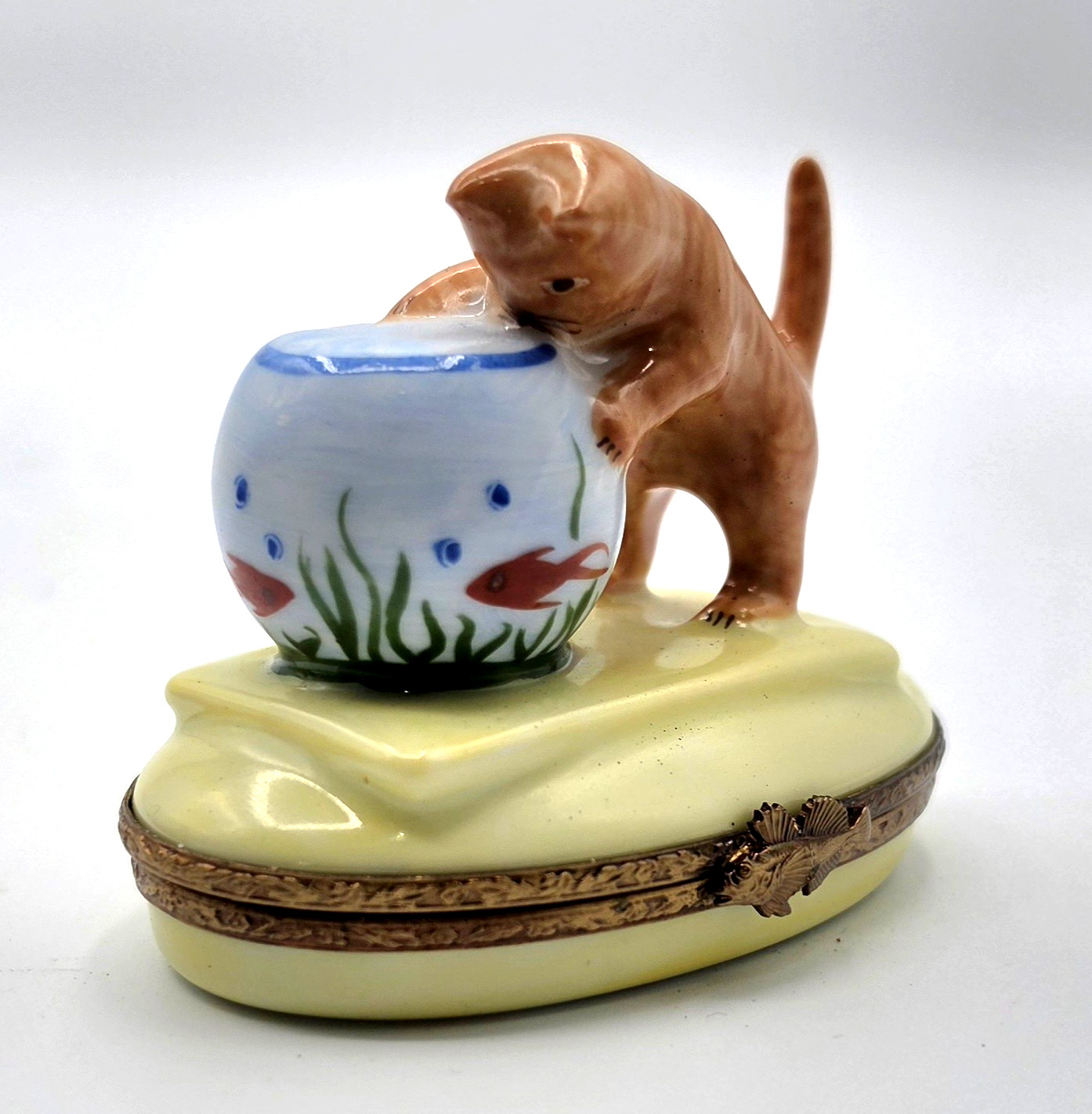 Vintage Limoges Orange Cat Kitten with Fish Bowl Trinket Box Peint Main ~ France Vintage Limoges Orange Cat Kitten with Fish Bowl Trinket Box Peint Main ~ France