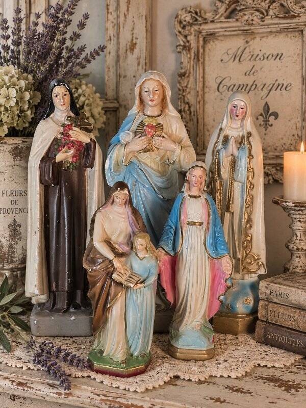 French Devotional Antique Christian Religious Chalkware Statues Collection of 5