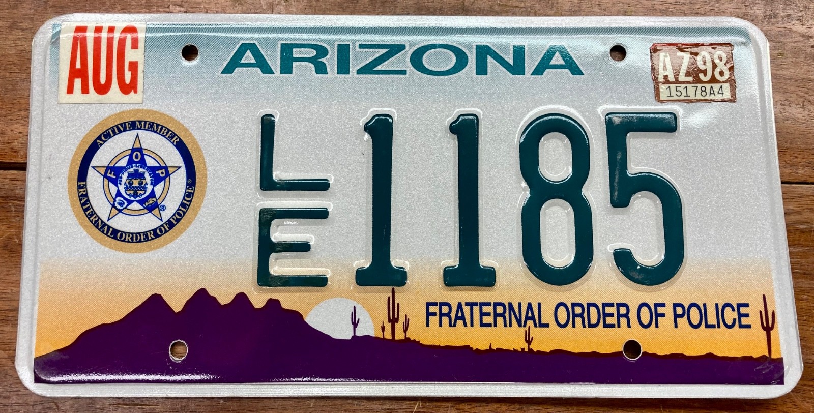 RARE, BEAUTIFUL 1998 ARIZONA EMBOSSED FIRST EDITION F.O.P. LICENSE PLATE, LE1185 RARE, BEAUTIFUL 1998 ARIZONA EMBOSSED FIRST EDITION F.O.P. LICENSE PLATE, LE1185