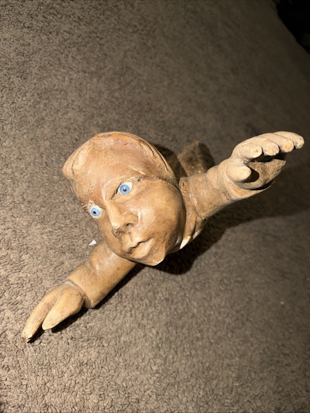 Antique Distressed Wooden Sculpture With Hanging Hook Angel Cherub Glass Eyes Antique Distressed Wooden Sculpture With Hanging Hook Angel Cherub Glass Eyes