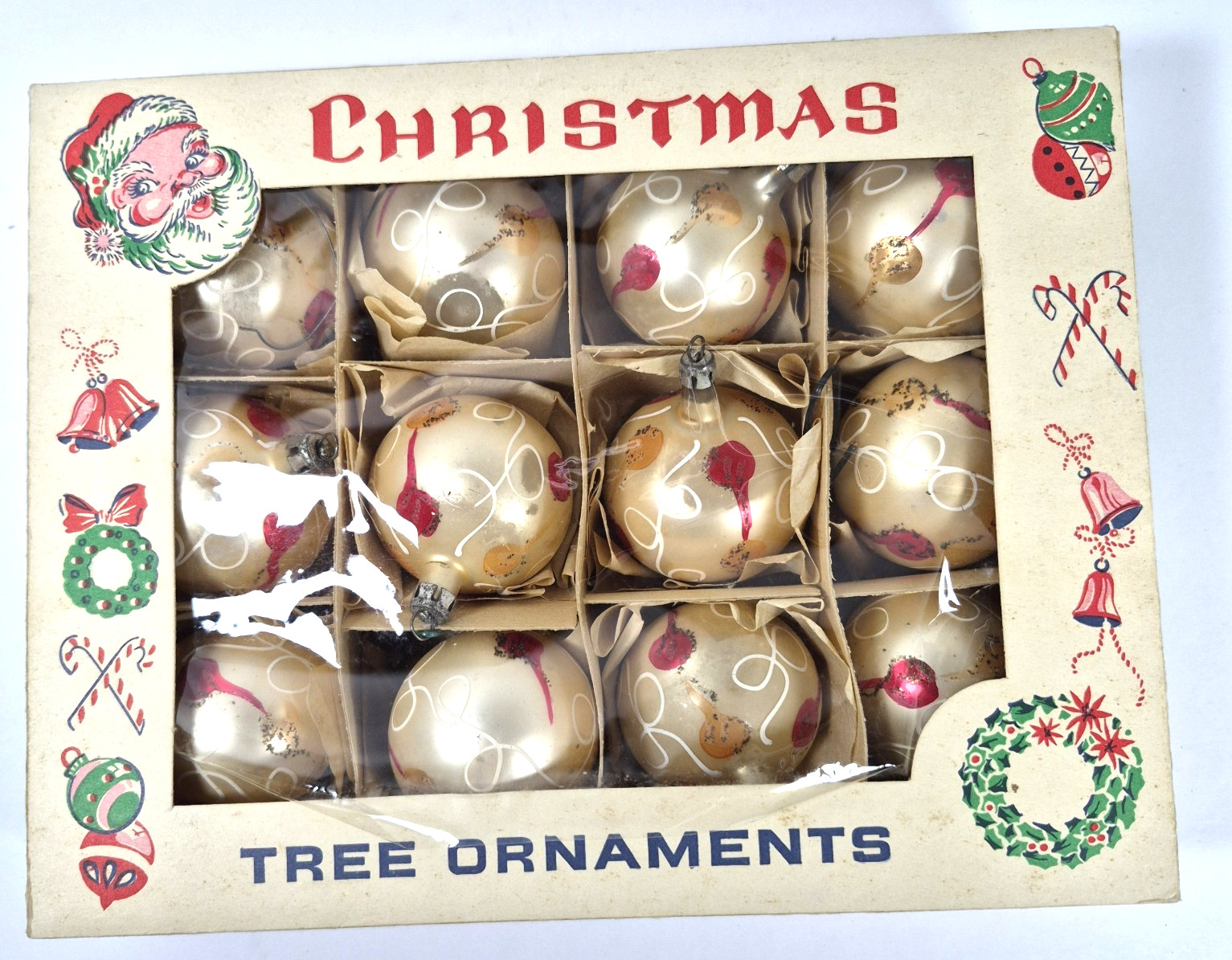 Vintage Box of 12 Lot of Poland Mercury Christmas Ornaments Glass Balls Gold Vintage Box of 12 Lot of Poland Mercury Christmas Ornaments Glass Balls Gold