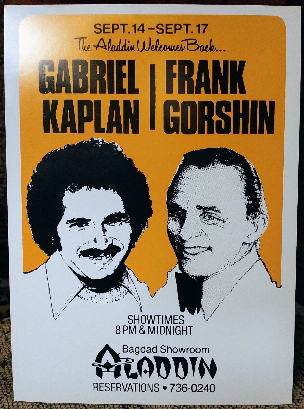 GABE KAPLAN & FRANK GORSHIN 1970'S LOBBY/POST CARD ALADDIN LAS VEGAS BAGDAD ROOM