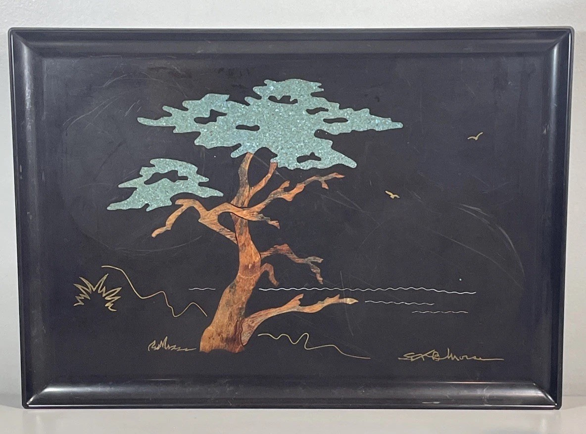 Vintage 1966 S.F.B. Morse Couroc Resin MONTEREY CYPRESS TREE Inlay Tray 17.5x12 Vintage 1966 S.F.B. Morse Couroc Resin MONTEREY CYPRESS TREE Inlay Tray 17.5x12