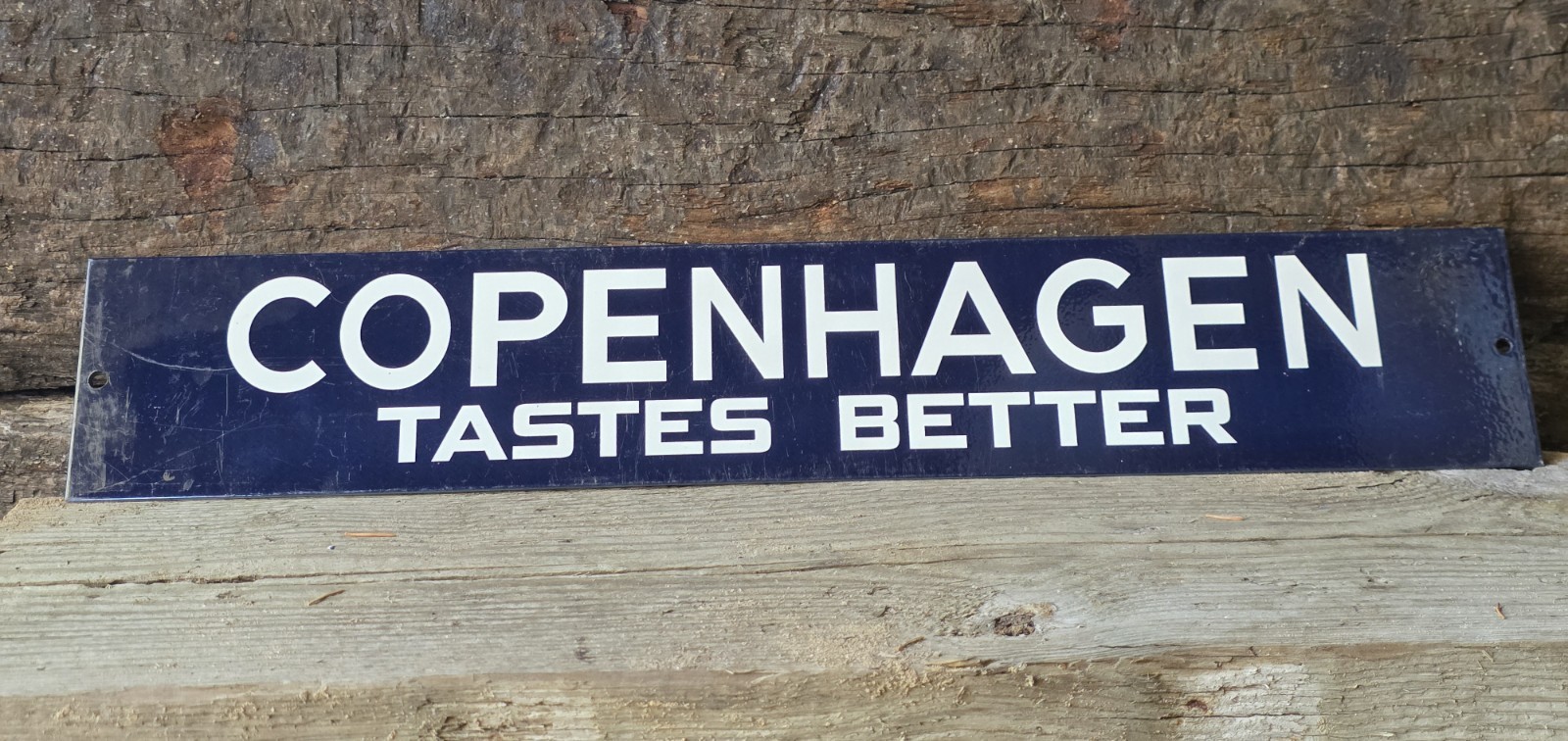 VINTAGE COPENHAGEN 'TASTES BETTER' PORCELAIN SIGN 20"x3.5"