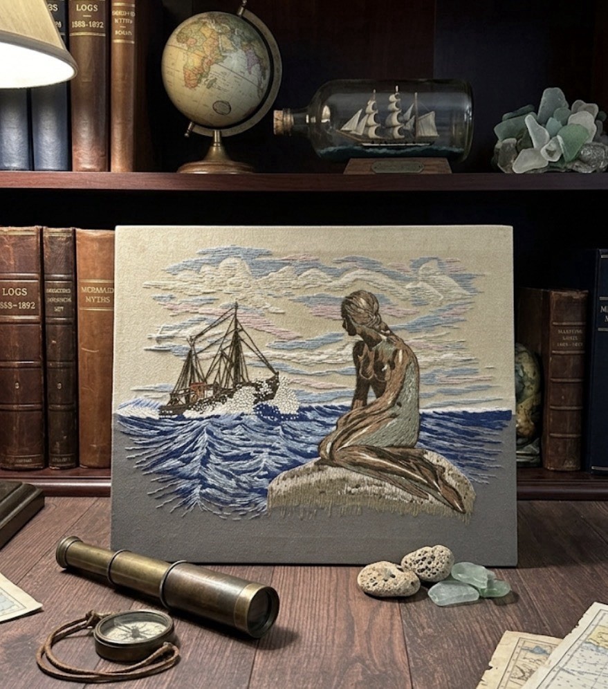 MERMAID Copenhagen Crewel Embroidery  Ship Seascape Nautical Adele Veres 1970’s