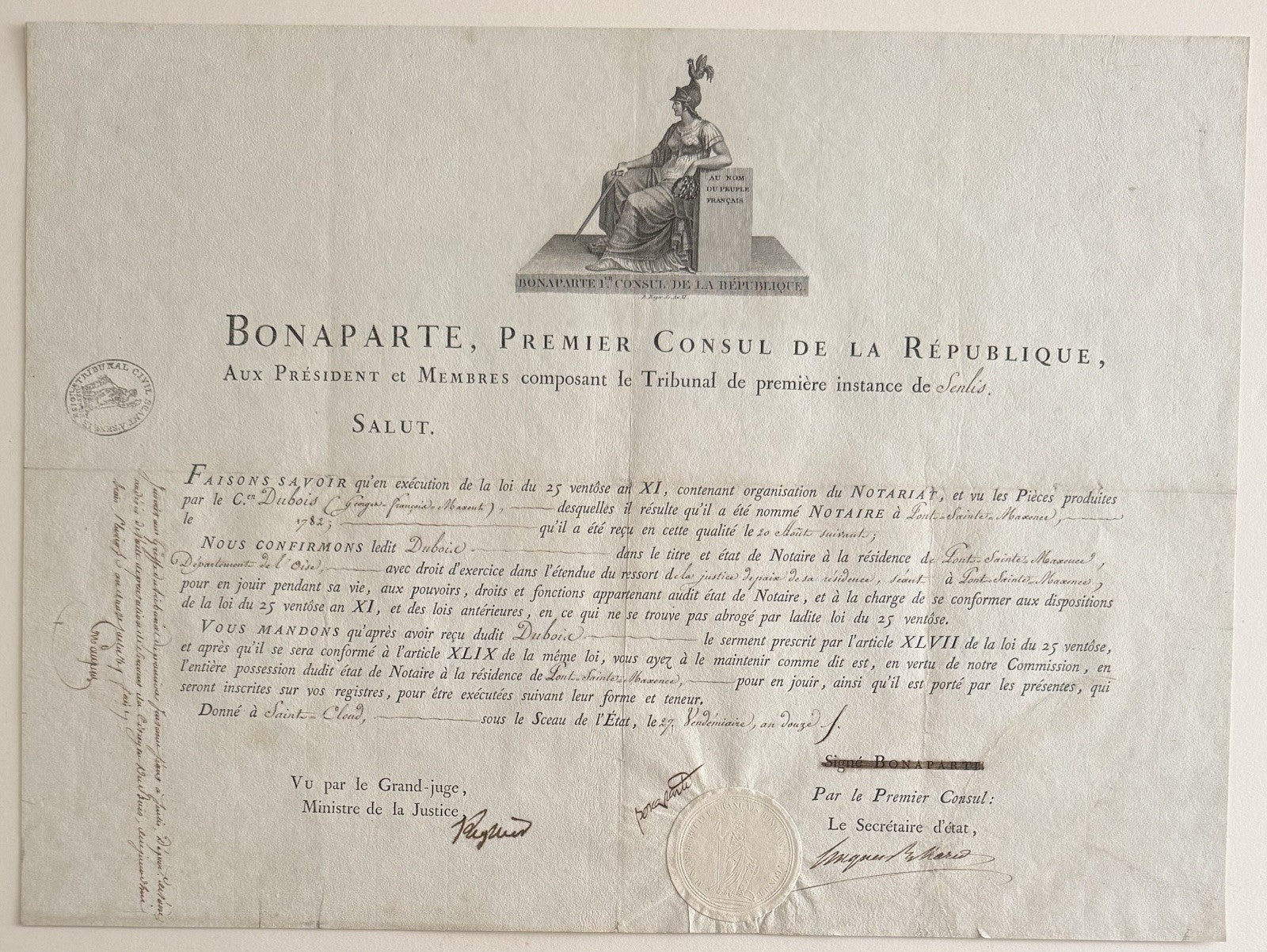 Napoleon Bonaparte Signed 1803 Notarial Commission on Laid Paper Napoleon Bonaparte Signed 1803 Notarial Commission on Laid Paper