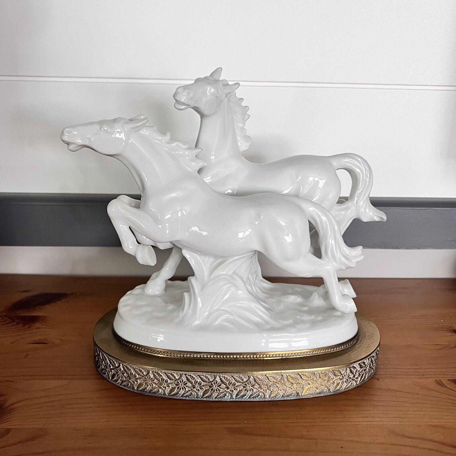 Pair of White Galloping Horses on Brass Base Art Deco Figurine Blanc de Chine
