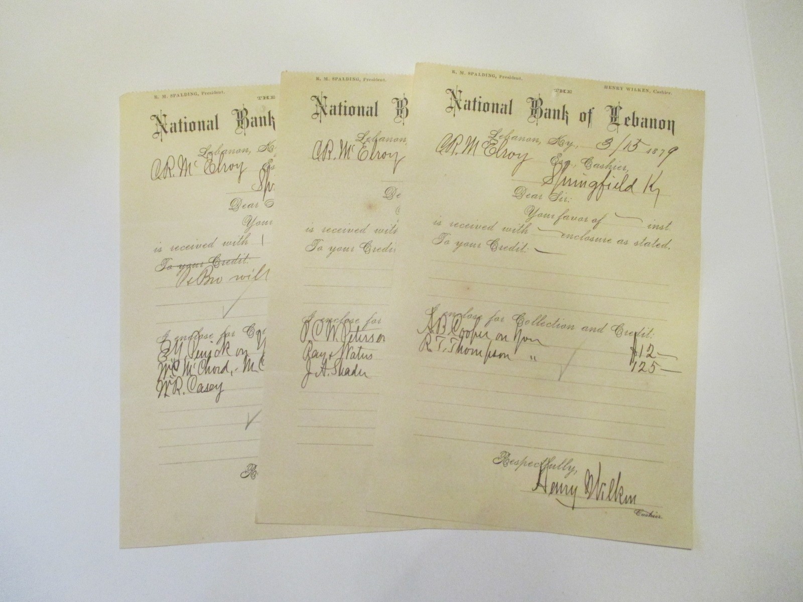 (3) 19TH CENTURY 1870'S KENTUCKY BANKING PAPERS. 1879 BANK OF LEBANON KENTUCKY (3) 19TH CENTURY 1870'S KENTUCKY BANKING PAPERS. 1879 BANK OF LEBANON KENTUCKY