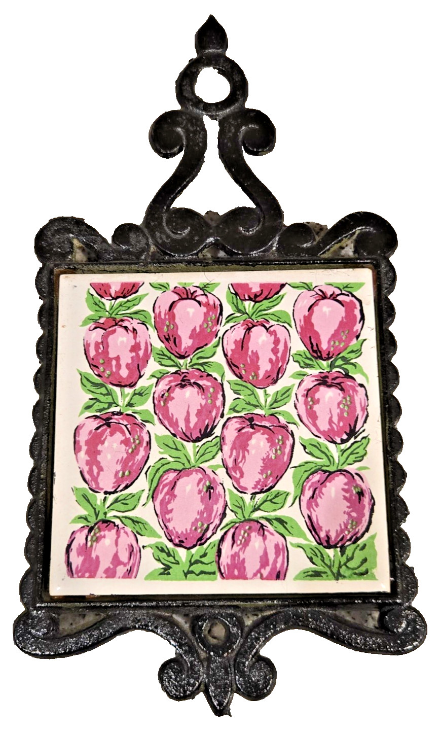 VTG Enesco Cast Iron Ceramic Tile Trivet Retro Pink Floral Hot Plate Decor Japan VTG Enesco Cast Iron Ceramic Tile Trivet Retro Pink Floral Hot Plate Decor Japan