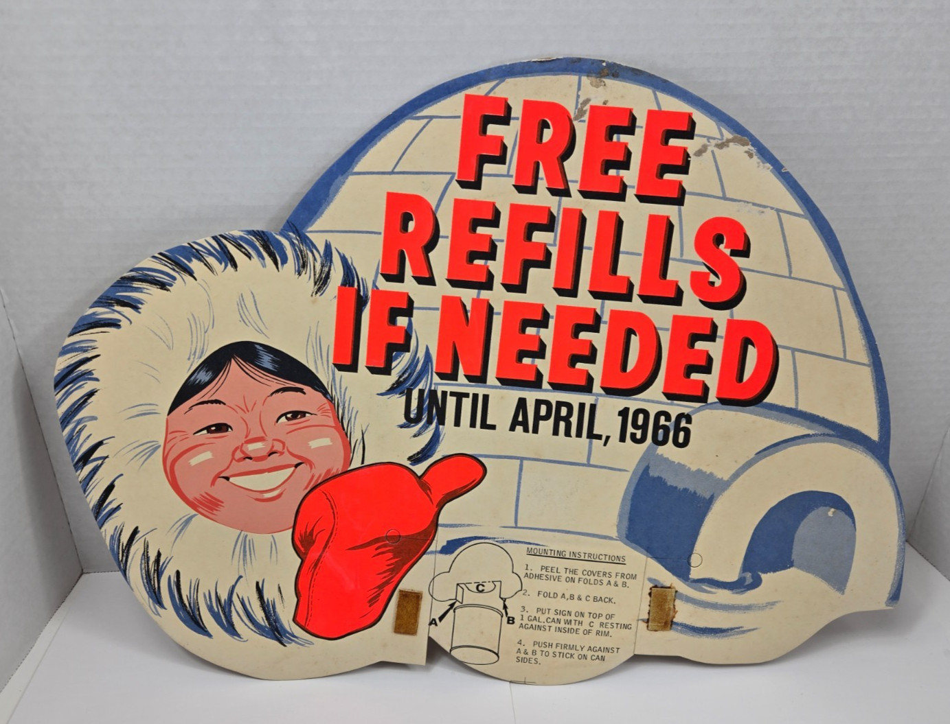 Vintage 1960's Eskimo Antifreeze Store Display Cardboard Sign "Free Refills"