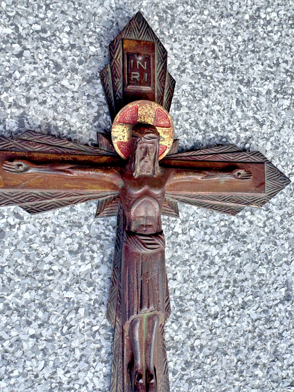 Antique Bronze Brass French Art Deco Crucifix Jesus On Cross Wall Hanging 16" Antique Bronze Brass French Art Deco Crucifix Jesus On Cross Wall Hanging 16"