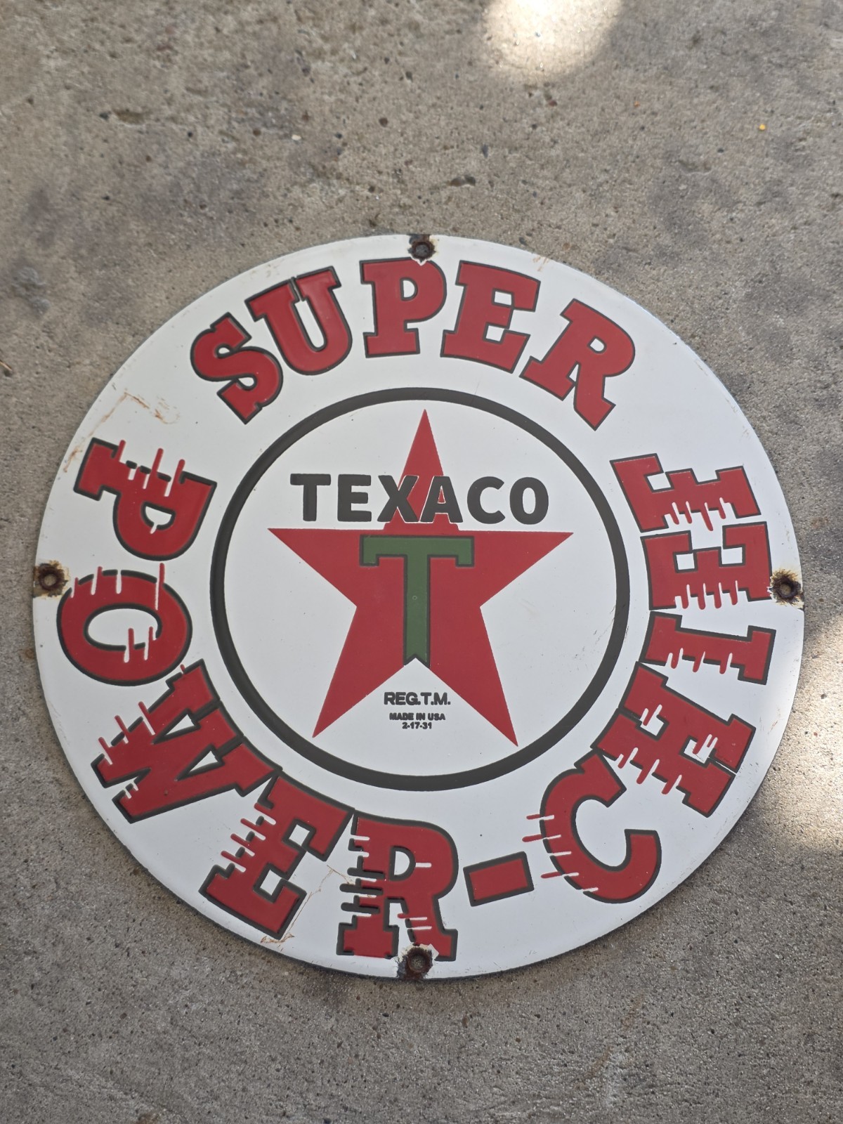 VINTAGE TEXACO SUPER POWER CHIEF GASOLINE PORCELAIN STATION PUMP SIGN NICE 12"