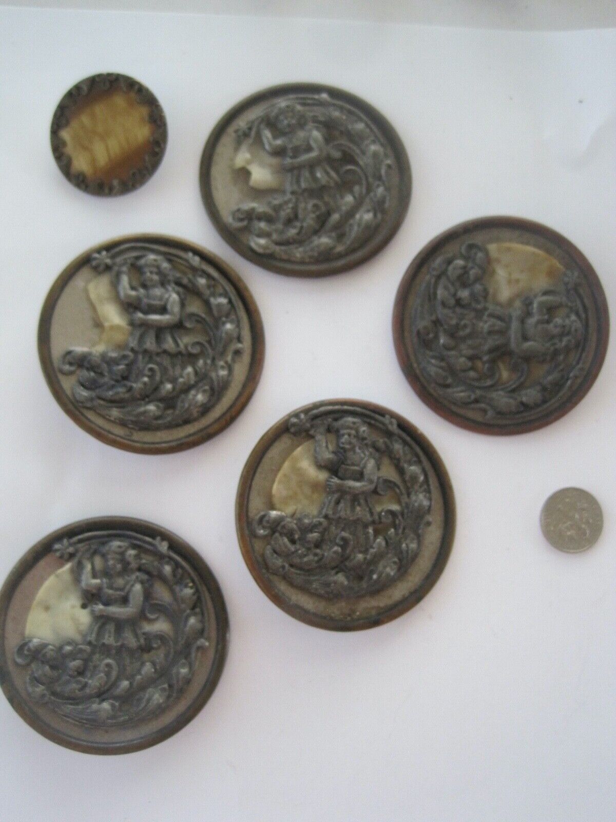 HUGE Victorian Style Metal Buttons Lot 5 Plus 1 Smaller Early Plastic 2 1/4\