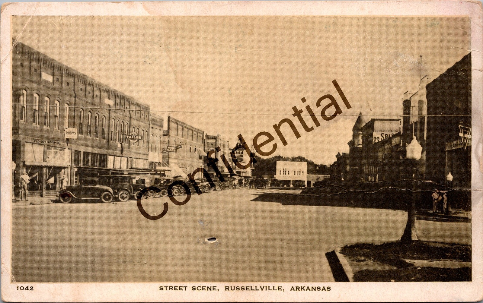 Downtown Street Scene w/ Autos And Storefronts Russellville AR Arkansas M387 Downtown Street Scene w/ Autos And Storefronts Russellville AR Arkansas M387