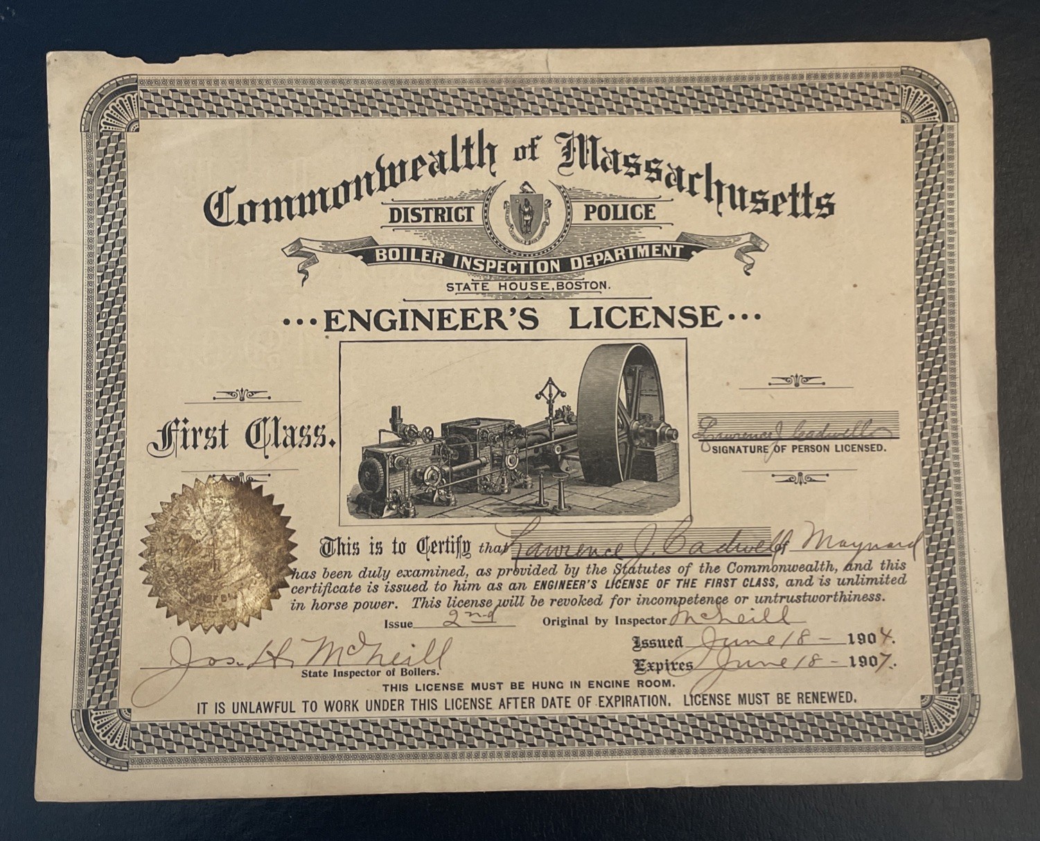 Vintage 1904 Commonwealth of Massachusetts Engineer’s Liscence Vintage 1904 Commonwealth of Massachusetts Engineer’s Liscence