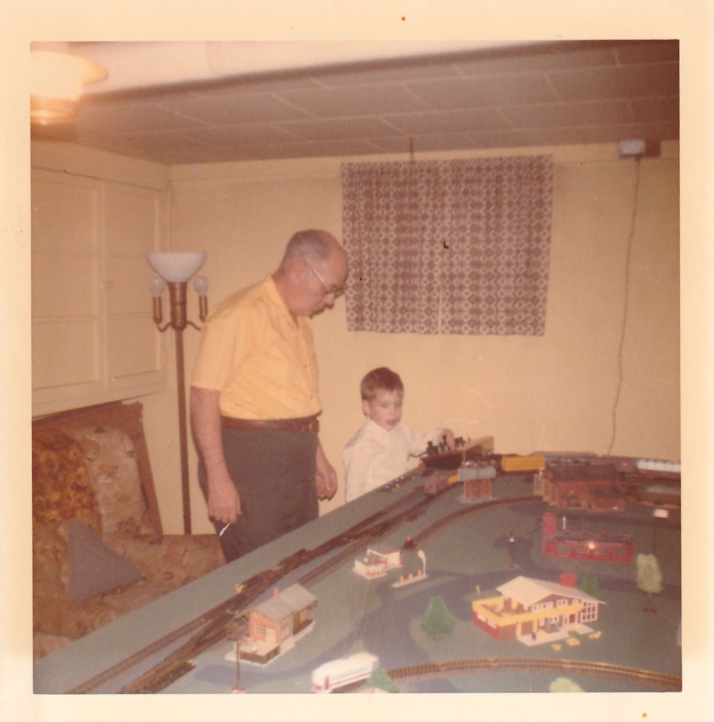 Vintage Photo 1974 Model Train Track Set Up Basement Buildings Man Boy Hobby USA