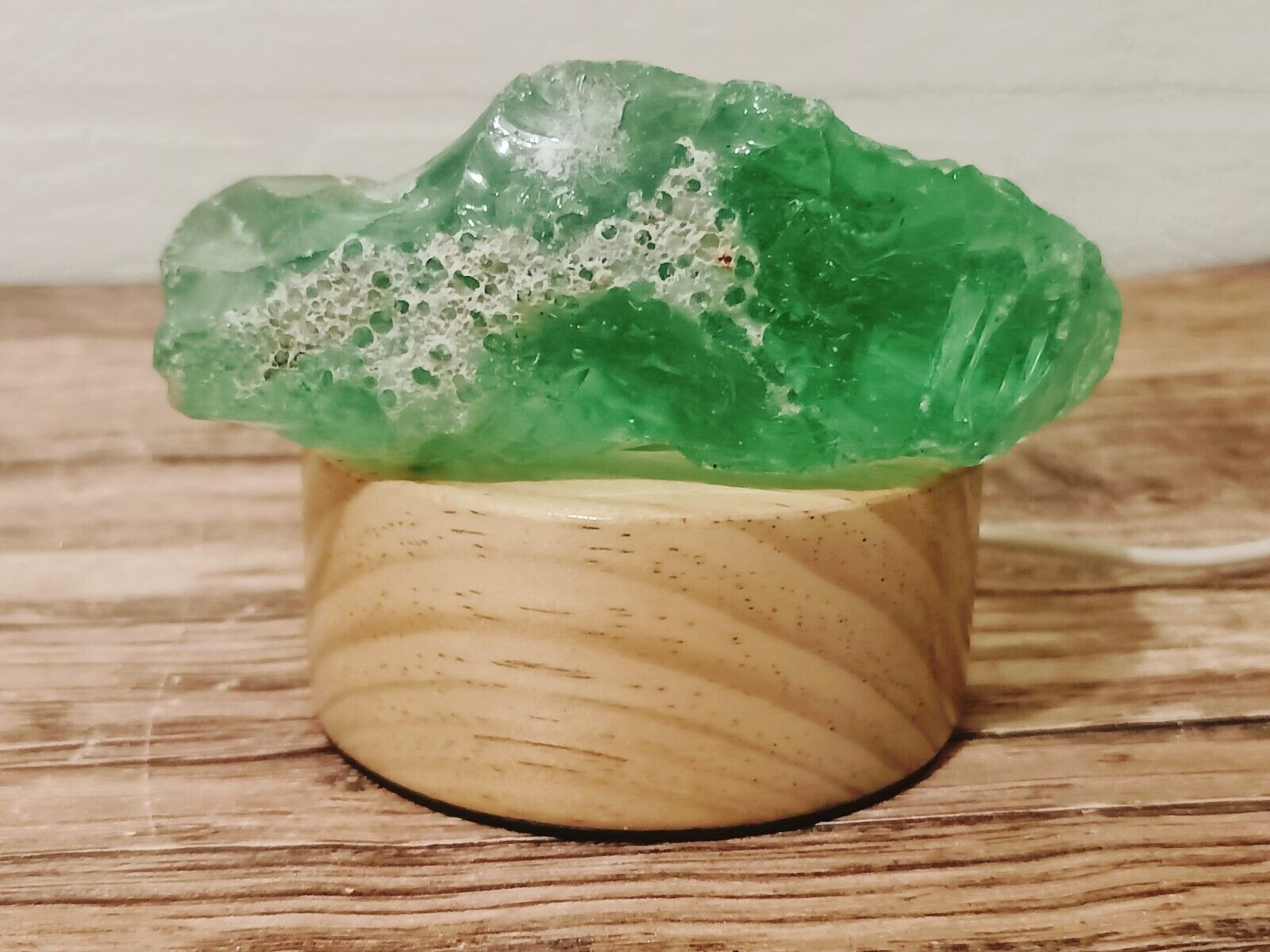 368 Grams Beautiful Green Monatomic Andara Crystal with Wood Base and Dimmer G03