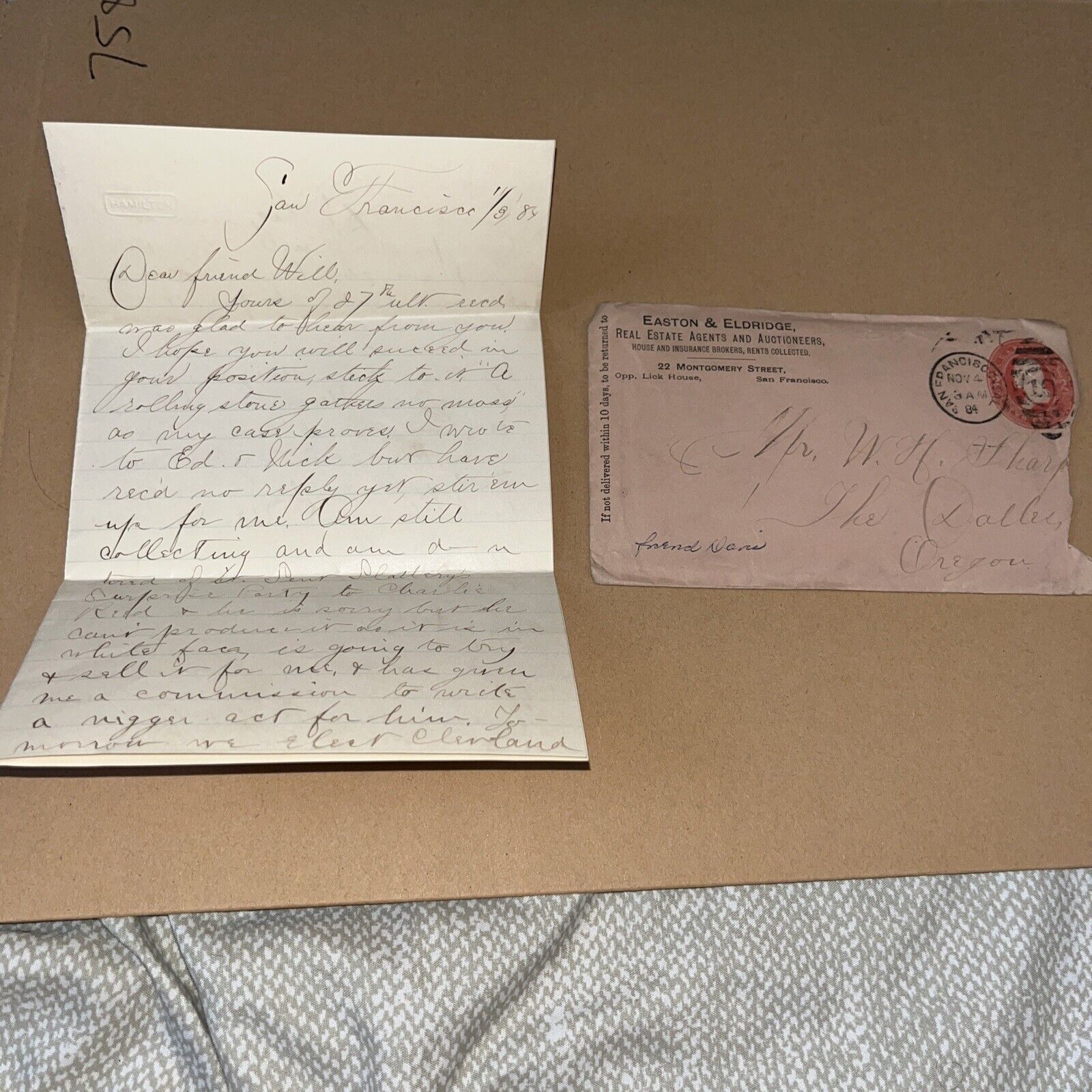 1884 California Actor Letter: President Cleveland Election + Duncans Mill Mayor
